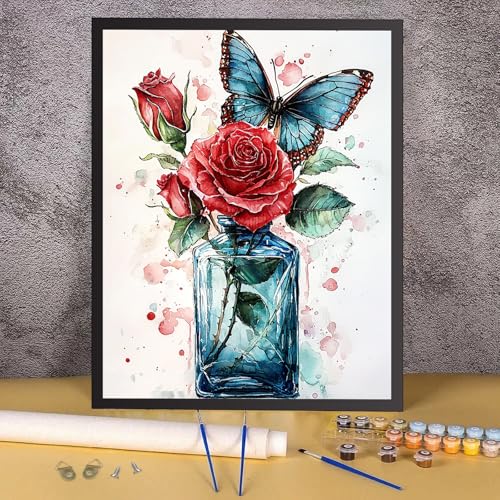 RICUVED Flowers Paint by Numbers for Adults, Butterfly Paint by Numbers Kit for Adults Beginners, Bottle DIY Acrylic Oil Painting on Canvas Easy for Gift Home Wall Decor 16x20 Inch - color: SO016