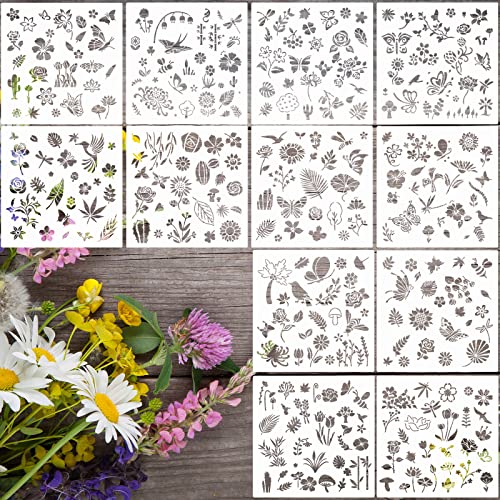 Colarr 12 Set Stencils for Painting on Wood Reusable Flower Stencils Painting Crafts Plants Flowers Templates Stencil for Paper Scrapbooking Home Drawing Decor(9.84 x 9.84 in,Classic)