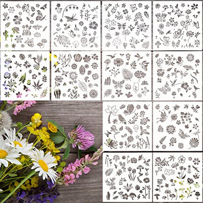 Colarr 12 Set Stencils for Painting on Wood Reusable Flower Stencils Painting Crafts Plants Flowers Templates Stencil for Paper Scrapbooking Home Drawing Decor(9.84 x 9.84 in,Classic)