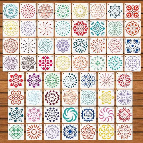60pcs Mandala Stencils for Painting, Mandala Dotting Templates (Style 1) | 2x2 Inch Reusable PET Crafts Art Drawing Stencil for Rocks Wood Furniture Canvas Fabric Decoration DIY Projects - style: C