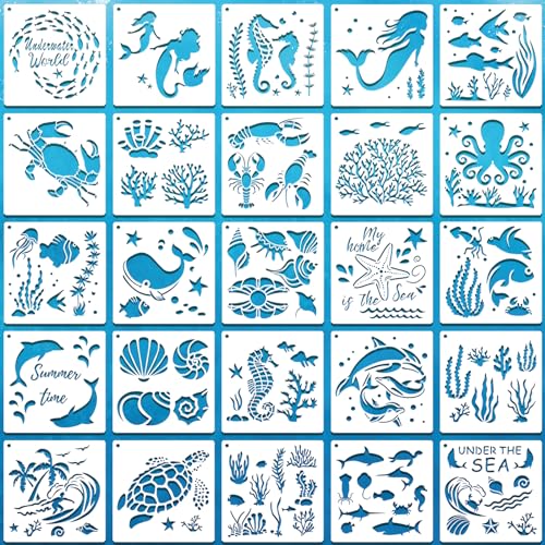 SUNFEEL 25Pack Ocean Stencils for Painting – Painting Templates 6 x 6 in and 6 x 6 in Reusable Painted Painting Stencils， Stencils for Painting On Wood and Canvas, DIY Crafts Andfurniture - style: Ocean