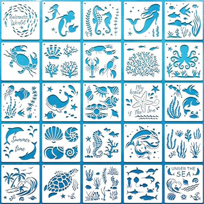 SUNFEEL 25Pack Ocean Stencils for Painting – Painting Templates 6 x 6 in and 6 x 6 in Reusable Painted Painting Stencils， Stencils for Painting On Wood and Canvas, DIY Crafts Andfurniture - style: Ocean