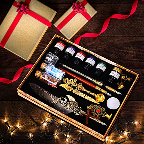 Aifeiter Feather Pen Ink Set - 6 Bottles of Ink, Quill Pen, Glass & Wooden Dipping Pens, 8 Sheets of Writing Paper, Envelope, Wax Granules, Round Wax, Seal, Spoon, Pen Holder (Grey) - color: Grey