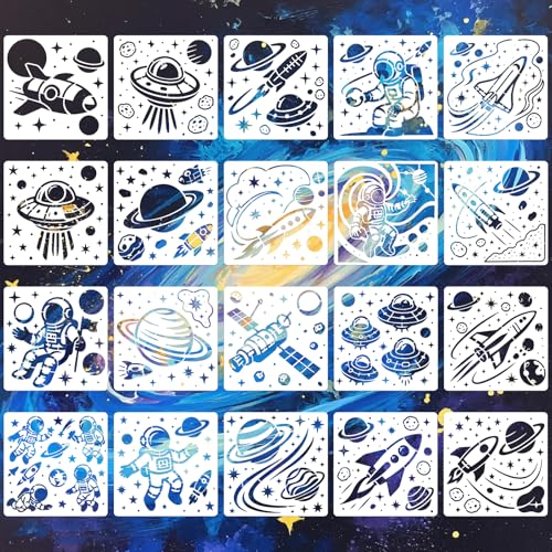 Space Astronaut Stencils for Crafts Reusable 20Pcs Stencils(5.9X5.9 Inch) | DIY Art Painting Stencil Furniture Decor Kit for Wood Embroidery Wall Silk Screen Journaling - color: Astronauts