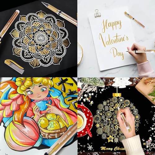 Gold Gel Pens, 1.0mm Gold Gel Ink Pen Set | Opaque Ink, for Writing, Black Paper Drawing, Sketching, Card Making, Art Highlight & Artists Drawing, 3 Pack - color: Gold