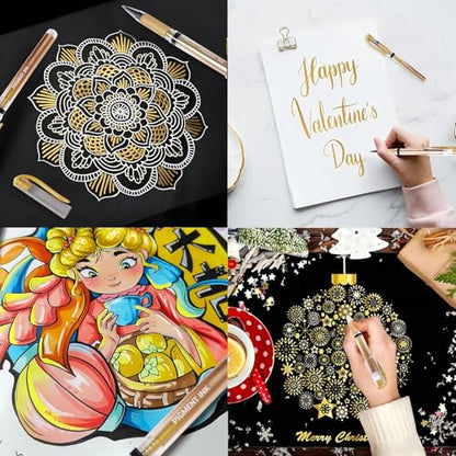 Gold Gel Pens, 1.0mm Gold Gel Ink Pen Set | Opaque Ink, for Writing, Black Paper Drawing, Sketching, Card Making, Art Highlight & Artists Drawing, 3 Pack - color: Gold