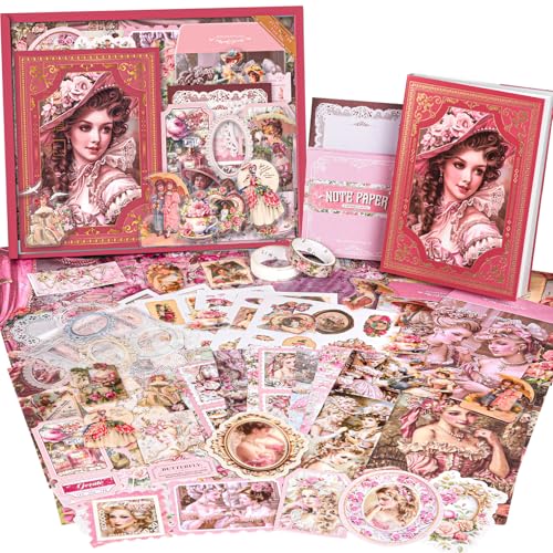 Scrapbooking Supplies Kit, Vintage Junk Journal Supplies,Cute Scrapbook Kit | Stationary Set with Aesthetic Ephemera Sticker, Bullet Journaling Kit, Collage Craft Supplies Gift for Adult Women Starter - color: Regal Blush Romantic