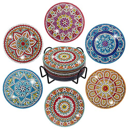 Temlum 6pcs Diamond Art Coasters Kits for Adults with Holder, Mandala | Diamond Painting Coasters, Small Diamond Painting Kit Art Craft Supplies - color: Mandala Coasters With Holder