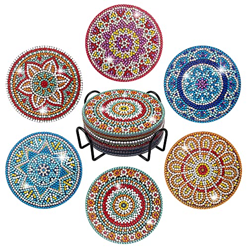 Temlum 6pcs Diamond Art Coasters Kits for Adults with Holder, Mandala | Diamond Painting Coasters, Small Diamond Painting Kit Art Craft Supplies - color: Mandala Coasters With Holder