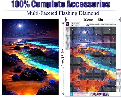 Yunnuo Moonlight Beach Diamond Art Kits for Adult, Diamond Painting Kits for Beginners, 5D DIY Full Drill Gem Art with Rhinestone Diamonds, 12x16 Inch, Home Wall Decor Gifts - color: B002-Beach 30x40cm