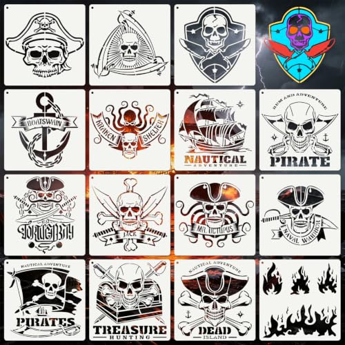 Skull Pirate Stencils for Crafts Reusable 15Pcs Stencils(5.9X5.9 Inch) - color: Skull 5