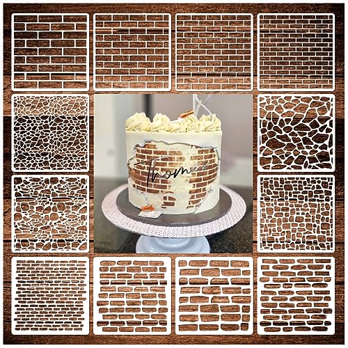 12 Pieces Brick Stencil Template, 6" x 6" Brick Wall Stencil Reusable Crafts Stencils for DIY Crafts Cookie Cake Journaling Scrapbooking Card Making Airbrushing Painting or Mixed Media (12-Brick) - style: 12-Brick