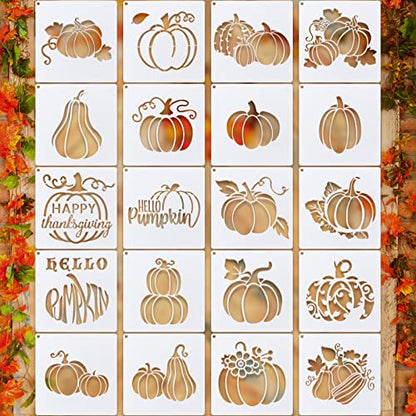 20 Pieces Autumn Leaf Stencils Fall Pumpkin Templates Reusable Craft Stencils Plastic Painting Harvest Stencil for Craft DIY Fabric Canvas Wall Maple Leaf Pumpkin Painting Home Decorations(Pumpkin) - style: Pumpkin