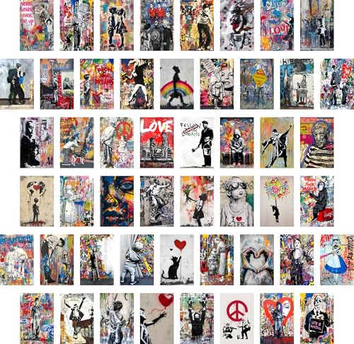 Libemz, 50 Pcs Bansky Aesthetic Wall Collage Kit - 4x6 inches - Graffiti Indie Hippie Trippy Colorful Wall Collage Kit for Teen Girls Boys Men Guy Room Bedroom Dorm Decor, Posters for Room Aesthetic, Teen Room Decor, Banksy Pop Art Decor (Bansky) - color: