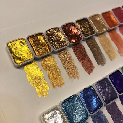 Mini Portable Handmade Artist Watercolor Paint Travel Set - 20 Colors Metallic Pearlescent Glitter Solid Watercolor Half Pans (Each Capacity Approx 1ml) Sparkle Professional Watercolour - #B