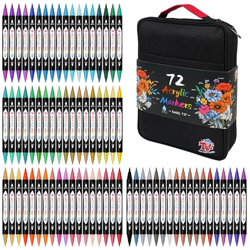 TBC The Best Crafts Acrylic Paint Markers, 72 Colors Dual Tip, Double Zipper Canvas Bag – Waterproof, Non-Toxic, Art Supplies for Canvas, Wood, Glass, Rock, Ceramic – Gift for Artists & Hobbyists - color: 72 Colors