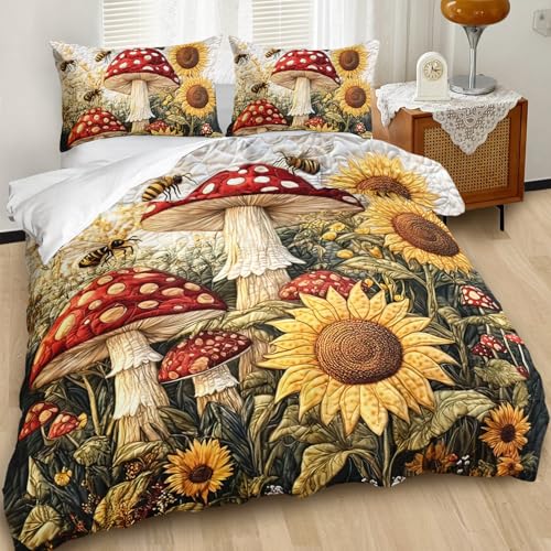 AILONEN Mushroom & Sunflower Duvet Cover Set King Size,Cartoon Flower Bee Quilt Cover with 2 Pillowcases, Soft Breathable 3Pcs - color: Mushroom110, size: King