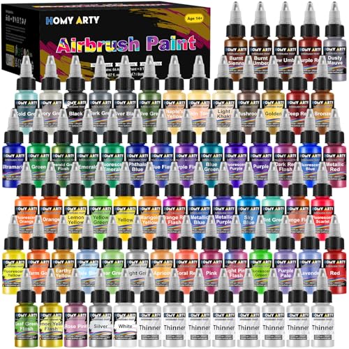 HOMY ARTY Airbrush Paint - 64 Colors with 8 Thinner | with Model Colors Airbrush Paint Set, Ready to Spray Water-Based Acrylic Air Brush Paints for Metal, Plastic Models, Canvas - color: 64 Colors with 8 Thinner