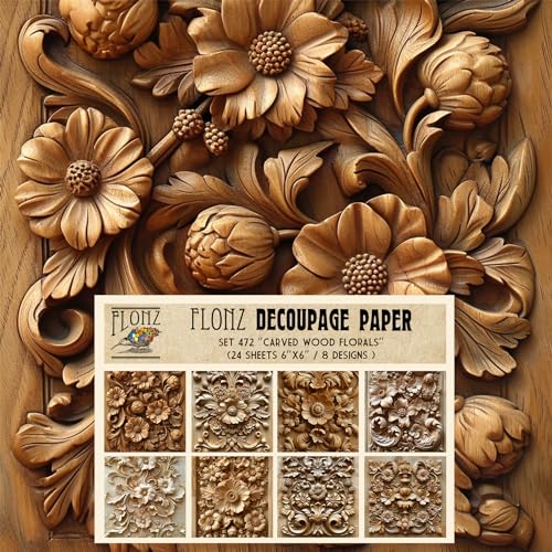 Decoupage Paper Pack (24 Sheets 6"x6") Carved Wood Florals # Vintage Styled Pattern Paper for Decoupage, Craft and Scrapbooking - color: ThirtyThree