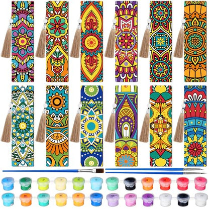 Kosiz 12 Pcs Mandala Paint by Number Kit for Adult Wood Bookmark | Mini Flower Paint by Numbers Kit, Painting Decor, Floral Tassels Blank Bookmarks, for Small DIY Craft Book Lovers Gift 7x2 '' - style: Mandala