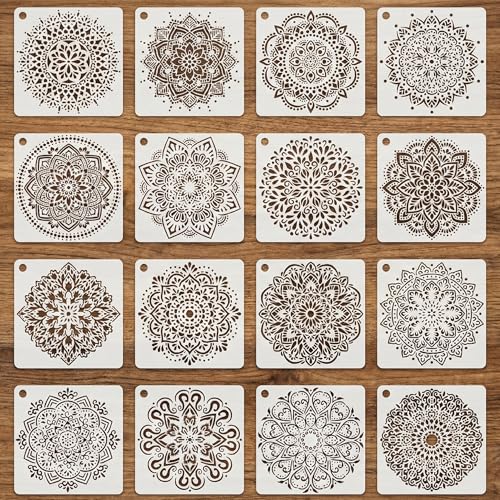 16 Pcs Mandala Stencils for Painting, Floral Geometry for Canvas 6 Inch | Reusable PET Round Pattern Templates for Wood Signs, Furniture, Walls, Journals, and Meditation Decor - color: Mandala