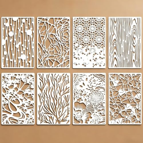 8 Pcs Geometric Texture Stencils Painting Reusable 7×11 Inch Flower Wood Grains Stencils for Crafts Plastic Coral Maple Stencil Drawing Templates for DIY Wall Canvas Knit Notebook Card Wood
