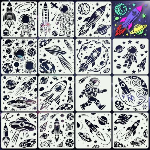 Space Astronaut Stencils for Crafts Reusable 15Pcs Stencils(7.8X7.8 in) | DIY Art Painting Stencil Furniture Decor Kit for Wood Embroidery Wall Silk Screen Journaling - color: Space 5