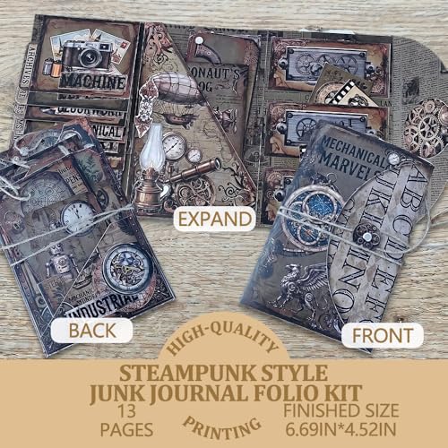XINPOCUT Steampunk Folding Folio Junk Journal Kit,Folio Booklet Craft Kit, Junk Journal Kit, Scrapbooking Supplies, Journaling Decor, Mini Folio Writer Folder Project, Arts & Crafts Gifts