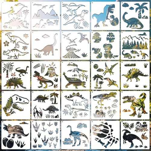 Dinosaur Stencils for Crafts Reusable 25Pcs Stencils(6X6 Inch) | DIY Art Painting Stencil Furniture Decor Kit for Wood Embroidery Wall Silk Screen Journaling - color: Dinosaur