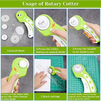 Rotary Cutter Set, Audab Self Healing Sewing Mats Rotary Cutter and Mat 45mm Rotary Fabric Cutter Set with 2 Blades Rotary Cutting Mat for Crafts Fabric Quilting Hobby (9" x 12" (A4)) - color: Green
