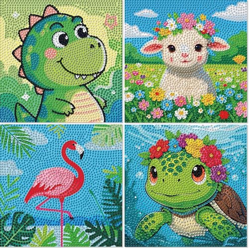 Libfx Diamond Art Kits for Kids 4 PCS Diamond Art for Girls Boys Beginners Arts and Crafts for Kids(Dinosaur Cattle Turtle Crane) - color: colorful-08
