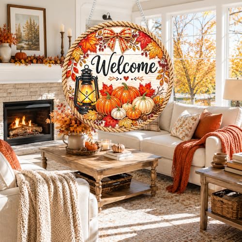 Yunzlly DIY Hanging Fall Diamond Art Pendant Kit, Special Crystal Autumn Diamonds Painting Ornament Kit for Adults Acrylic Board Gem Painting Kit (Welcome Sign) - color: Welcome