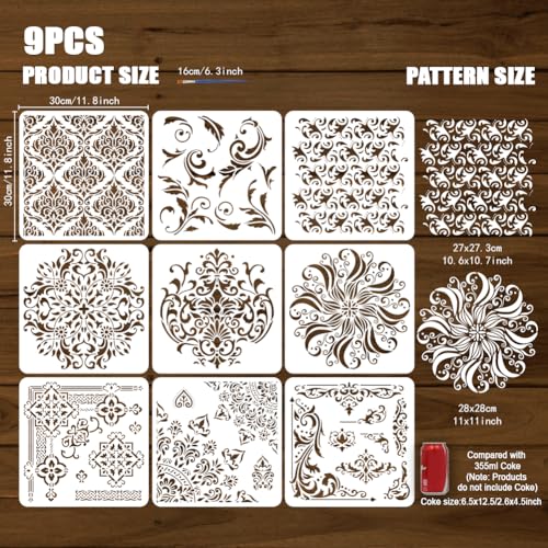 FINGERINSPIRE 9 Pcs Damask Painting Stencil with Brush 11.8x11.8inch Mandala Flower Drawing Template Flower Corner Border Pattern DIY Decoration Stencil for Painting on Wood Wall Fabric Furniture - style: Damask