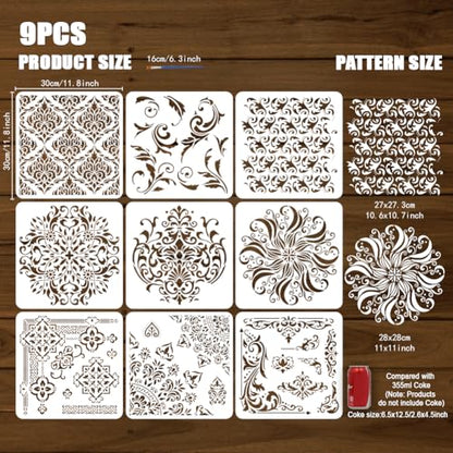 FINGERINSPIRE 9 Pcs Damask Painting Stencil with Brush 11.8x11.8inch Mandala Flower Drawing Template Flower Corner Border Pattern DIY Decoration Stencil for Painting on Wood Wall Fabric Furniture - style: Damask
