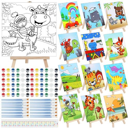 Tenceur 12 Sets Pre Drawn Canvas to Paint Adult Stretched Coloring Painting Canvas Panels with Design Easel and Brushes for Party Supplies Beginner Favor(Cute Style) - style: Cute Style