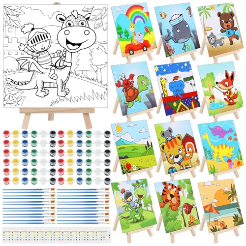 Tenceur 12 Sets Pre Drawn Canvas to Paint Adult Stretched Coloring Painting Canvas Panels with Design Easel and Brushes for Party Supplies Beginner Favor(Cute Style) - style: Cute Style