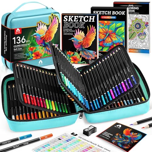 136 PCS Colored Pencils Set for Adult Coloring Books, 120 Colored Pencils | with Sketchbook, Coloring Book, Sharpener, Tutorial, Soft Core Sketching Drawing Pencils, Art Supplies for Adults Artists - color: Green