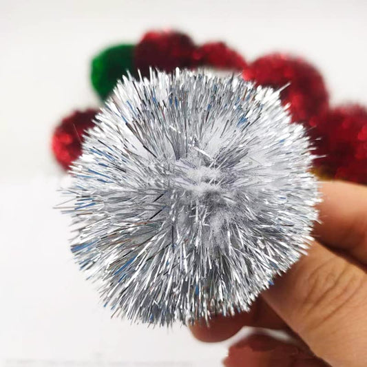 YYCRAFT 15pcs Jumbo Glitter Tinsel Pom Poms Sparkle Balls for DIY Craft,Cat Toys-2”,White(Silver Tinsel) - color: White(silver Tinsel)