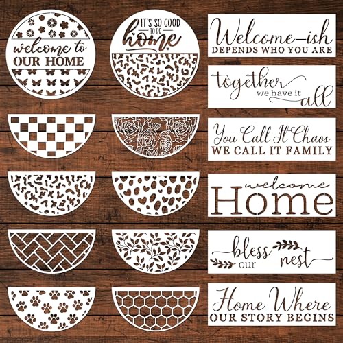 Keluna Welcome Home Stencils for Painting on Wood, 16 Pcs 12 Inch Large Reusable Welcome & Half Round Stencils - Cheetah Skin, Hexagon, Checkerboard, Cat Paw Designs - style: welcome home