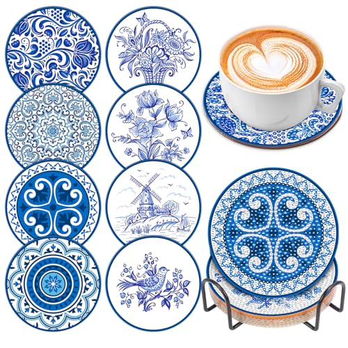 8 Pcs Diamond Art Coasters Kits for Adults with Holder Cork Pads, DIY ﻿Blue and White Porcelain Diamond Art Dots Painting Coasters Kits for Adults Beginners, Ideal Gift - color: Blue Flowers