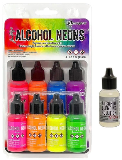 Tim Holtz Alcohol Neons, 8-Pack Ink Set with 0.5 fl oz Blending Solution