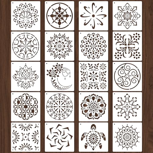 20 Pcs 4x4'' Mandala Stencils for Painting on Wood, Floor, Wall, Tile Fabric, Reusable Furniture Stencils Painting Template Mandala Template for DIY Rock Art Projects Decoration - style: 20PCS Mandala