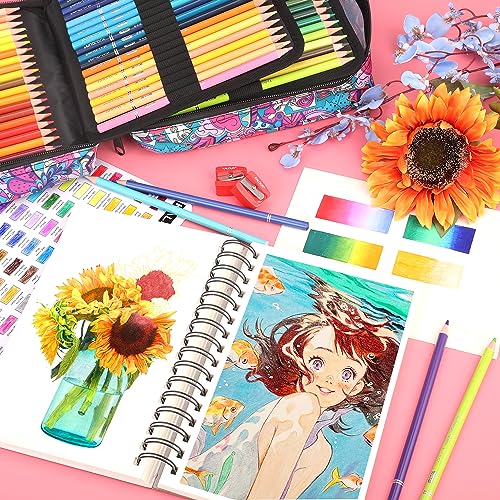 KALOUR PDAS 200 PCS Colored Pencils Set for Adult Coloring Books with Tutorial & Color Chart, 180 Artists Colored Pencils, 12 Watercolor Pencils, Art Supplies Gift, Portable Zipper Case