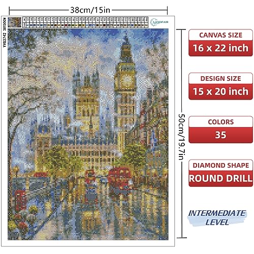 LANDFAIR Diamond Painting Kits - 15x20 inch Round Full Drill Big Ben London Diamond Art Kits for Adults - color: Big Ben