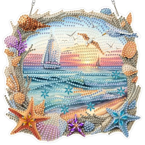 MOGTAA Beach Diamond Art Hanging Kits for Adults, DIY Double Sided Sunset Diamond Art Suncatchers, 5D Special Shape Diamond Painting Pendant Window Ornament Gifts for Home Wall Door Decor - color: Beach-01