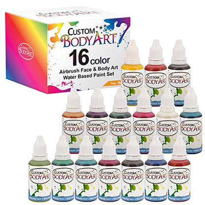 Custom Body Art Set of 16 Colors 1-oz Bottles, Water Based Face Body Paint - color: 16 Color Kit