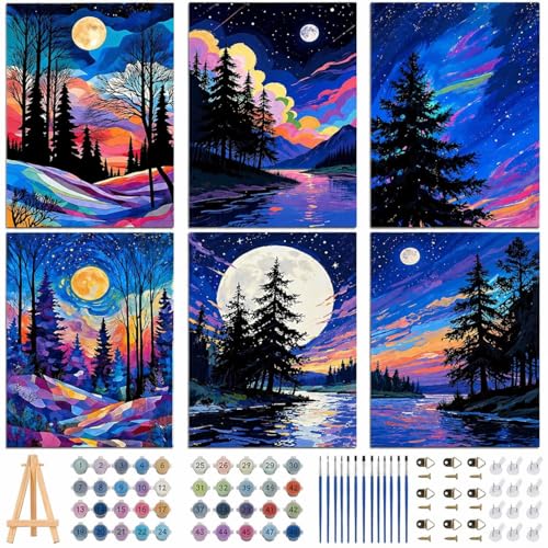EggSun 6 Pack Framed Paint by Numbers Kit for Adults,Beginners with Wooden Easel,DIY Acrylic Oil Painting Paint by Numbers Kits on Canvas for Home Decor(Moon Mountain Lake Landscape,8x12Inch) - style: Moon Mountain Lake Landscape