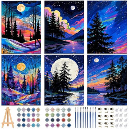 EggSun 6 Pack Framed Paint by Numbers Kit for Adults,Beginners with Wooden Easel,DIY Acrylic Oil Painting Paint by Numbers Kits on Canvas for Home Decor(Moon Mountain Lake Landscape,8x12Inch) - style: Moon Mountain Lake Landscape