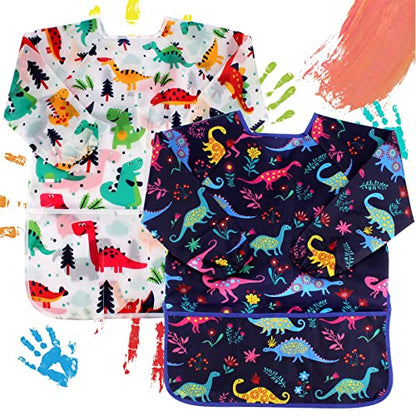 CUBACO Kids Painting Apron, 2pcs Waterproof Art Smocks For Child 3-8 Years, Kids Smocks for Painting Aprons with Long Sleeve - color: Dinosaur Pattern