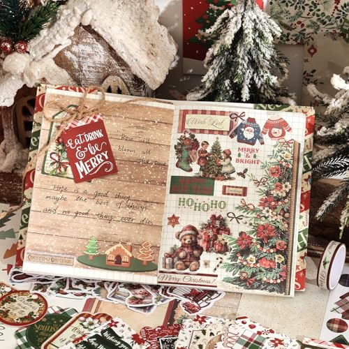 Christmas Scrapbooking Supplies Kit, Aesthetic New Year Festival Scrapbook Kits for Bullet Junk Journal, Stationery, Notebook, DIY Cute Journaling Supplies, Craft Christma Gift for Teen Girl Women - color: Merry Christmas and New Year